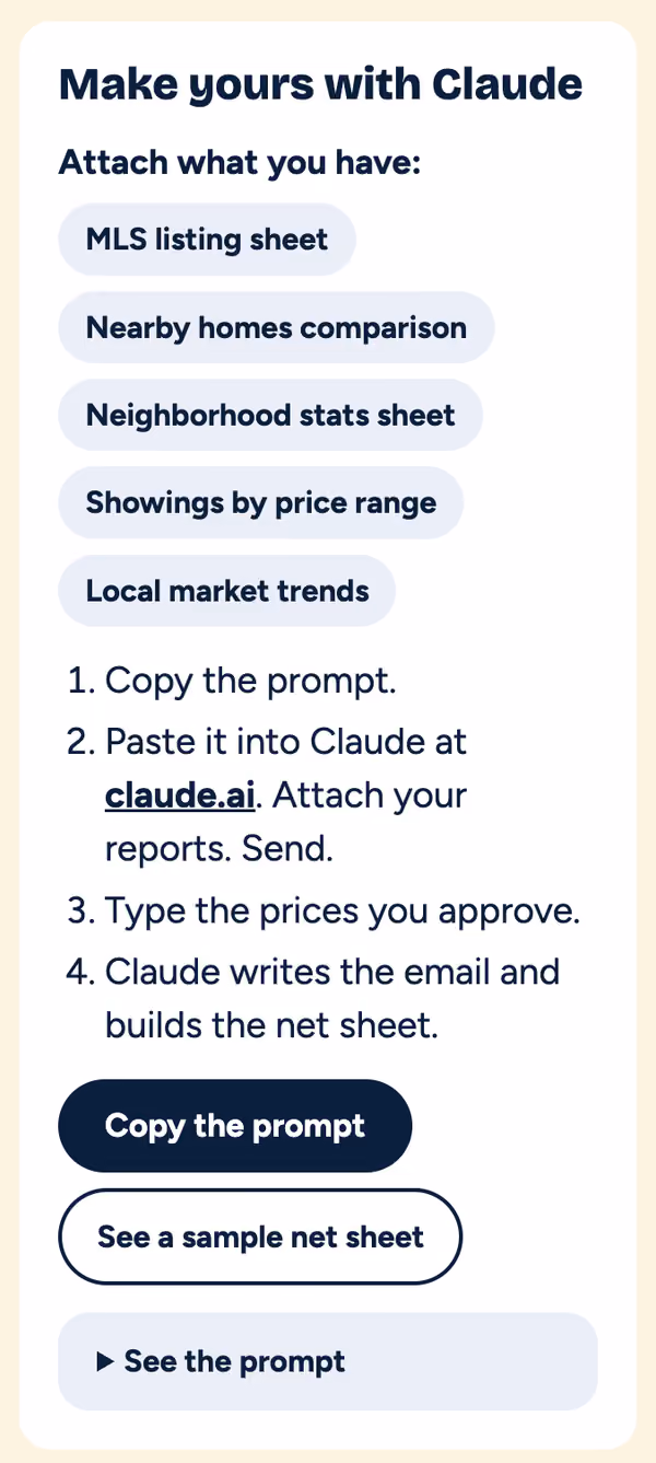 The "Make yours with Claude" box from the same script: five reports to attach and four steps to follow.