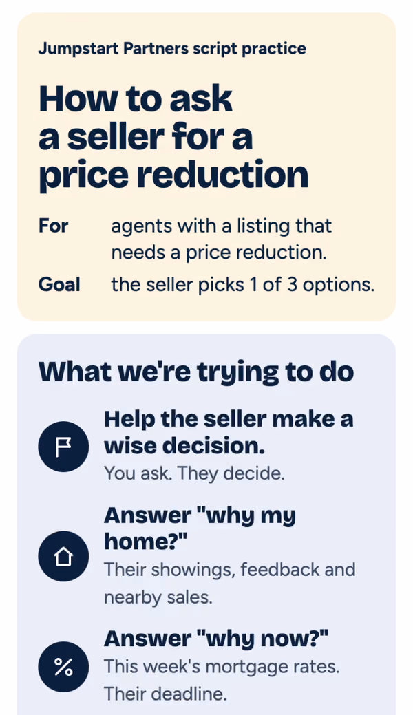 A Jumpstart Partners practice script on a phone, titled "How to ask a seller for a price reduction".